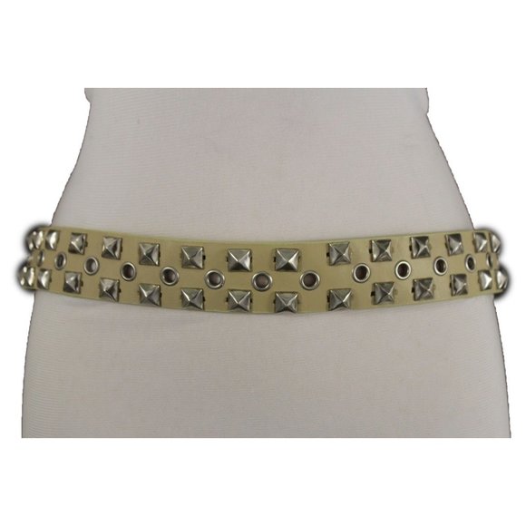 New Women Men Fashion Belt Beige Faux Leather Silver Metal Studs Size S M L XL - Picture 11 of 17
